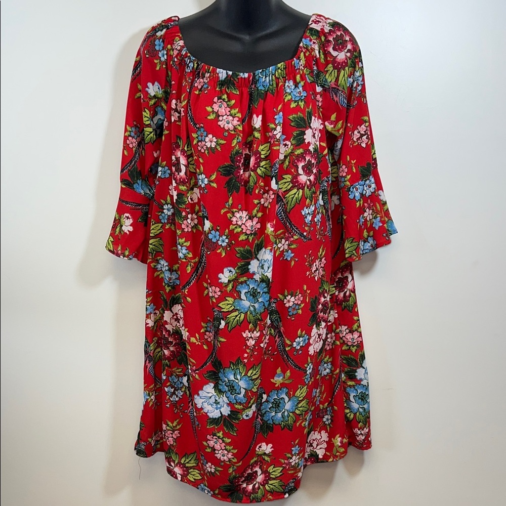 City Streets Red  Blue Green Floral Birds Off shoulder Whimsical Dress Size L
